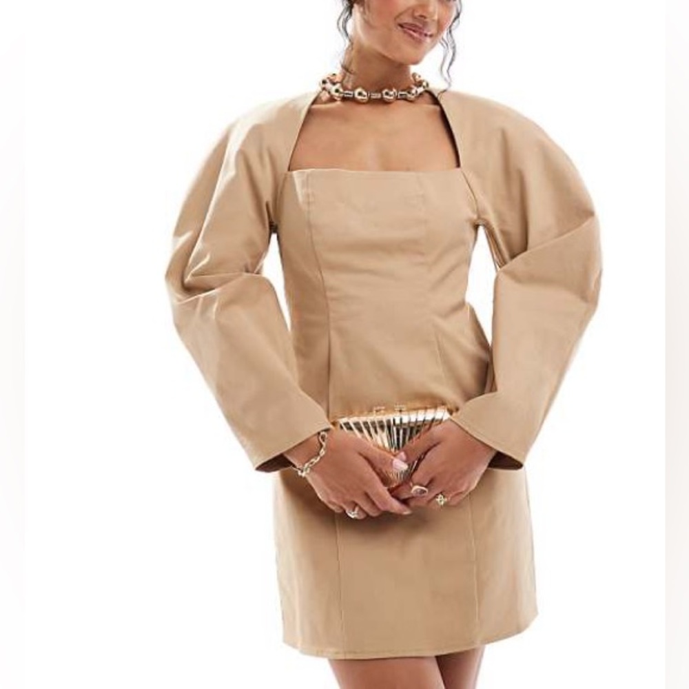 ASOS DESIGN balloon sleeve square neck mini dress in camel tan color